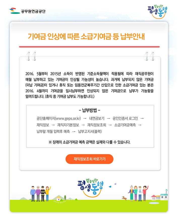 기여금 인상에 따른 소급기여금 등 납부안내 2016. 5월부터 2015년 소득이 반영된 기준소득월액이 적용됨에 따라 재직공무원이 
매월 납부하고 있는 기여금이 인상될 가능성이 높습니다. 과거에 납부되지 않은 기여금
(미납 기여금)이 있거나 휴직 또는 임용전군복무기간 산입으로 인한 소급기여금 있는 분은 
2016. 4월까지 기여금을 일시납부하면 인상되지 않은 기여금으로 납부가 가능함을 알려드립니다. (휴직 중 기여금 납부도 가능합니다.)