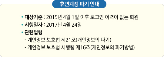 휴면계정 파기안내 대상기준 : 2015년 4월 1일 이후 로그인 이력이 없는 회원
시행일자 : 2017년 4월 24일
관련법령
1. 개인정보 보호법 제21조(개인정보의 파기)
2. 개인정보 보호법 시행령 제16조(개인정보의 파기방법)