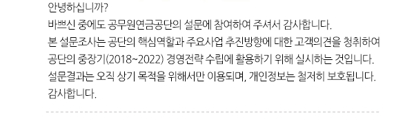안녕하십니까? 바쁘신 중에도 공무원연금공단의 설문에 참여하여 주셔서 감사합니다. 본 설문조사는 공단의 핵심역할과 주요사업 추진방향에 대한 고객의견을 청취하여 
공단의 중장기(2018~2022) 경영전략 수립에 활용하기 위해 실시하는 것입니다.  설문결과는 오직 상기 목적을 위해서만 이용되며, 개인정보는 철저히 보호됩니다. 감사합니다.
