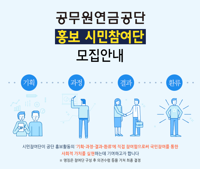 공무원연금공단 홍보 시민참여단 모집안내 / 시민참여단이 공단 홍보활동의 '기획-과정-결과-환류'에 직접 참여함으로써 국민참여를 통한 사회적 가치를 실현하는데 기여하고자 합니다