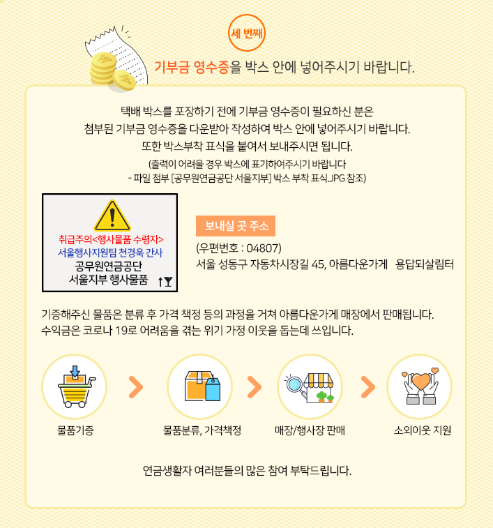 택배 박스를 포장하기 전에 기부금 영수증이 필요하신 분은 첨부된 기부금 영수증을 다운받아 작성하여 박스 안에 넣어주시기 바랍니다.
또한 박스부착 표식을 붙여서 보내주시면 됩니다.